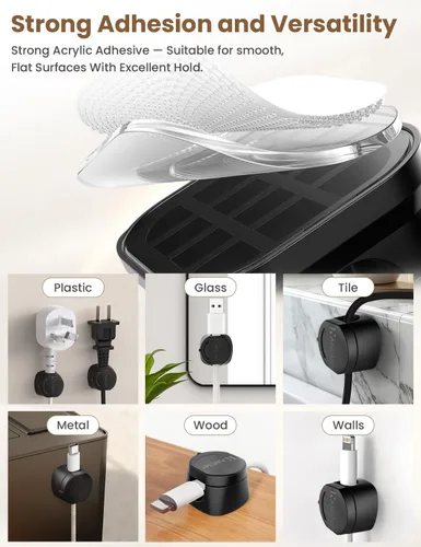 Vista 6 de Kanemc Clips de cable para escritorio, organizador magnético de alambre giratorio de 360°, gestión de cables autoadhesivos para escritorios