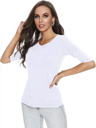 Vista 3 de RightPerson Camiseta básica de media manga con cuello redondo para mujer, elástica, casual, de algodón