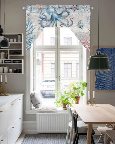Vista 5 de Cortinas de cocina con cenefa de pulpo costero, con bolsillo para barra, paneles de cortina para dormitorio, sala de estar, baño, cafetería