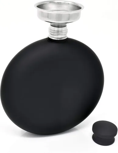 Vista 3 de Petaca para licor negro mate, 5 onzas, acero inoxidable a prueba de fugas, circular con embudo en paquete de regalo para hombres y mujeres.