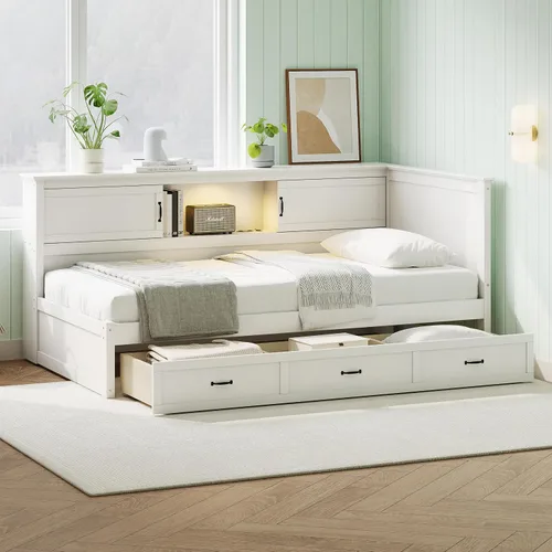 Vista 11 de Sofá cama de madera de tamaño individual con nido y cabecera en forma de L, marco de madera para sofá cama con barandilla rústica y soporte