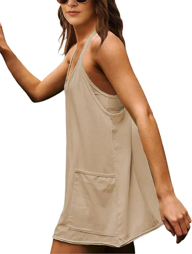 Vista 4 de Yidarer Minivestido deportivo de verano para mujer, sin mangas, tirantes delgados, pantalones cortos integrados, cuello en V, vestido de verano