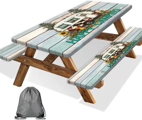 Vista 20 de Funda para Mesa de Picnic con Fundas para Bancos y Bolsa, Campista de Madera Impermeable Resistente al Viento, Cubierta de Mantel Ajustada con Borde