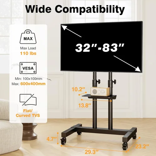 Vista 8 de TAVR Furniture - Soporte de TV móvil con ruedas, soporte de TV rodante con montaje en el suelo con ruedas bloqueables, altura ajustable para TV