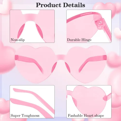 Vista 4 de QEYMN Lentes de sol de corazón, lentes de sol rosas en forma de corazón para mujer, sin marco, transparentes, divertidos lentes de sol de corazón