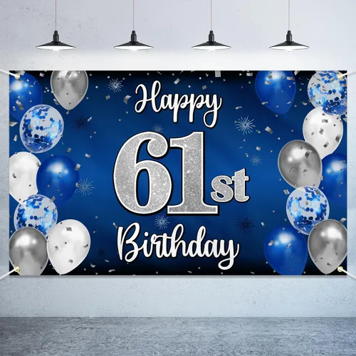 Vista 54 de Decoración de feliz cumpleaños número 100, globo azul y plateado grande cartel de fondo de cumpleaños de 100 años - Suministros para fiesta