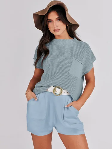 Vista 3 de Caracilia Conjuntos de descanso de 2 piezas para mujer, suéteres de manga corta y pantalones cortos de verano 2024, conjuntos a juego, ropa casual a