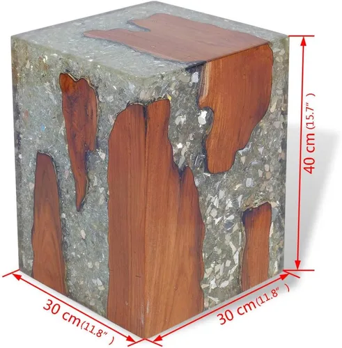 Vista 2 de Taburete de madera maciza de teca y resina, taburete de tocón de árbol con borde vivo, mesa auxiliar de borde natural, soporte para plantas, mesita
