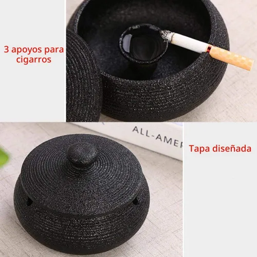 Vista 4 de Lependor Cenicero de cerámica con tapas, a prueba de viento, para uso en interiores o exteriores, soporte para cenizas para fumadores, para Negro