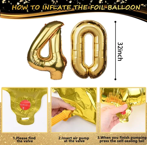 Vista 6 de Decoraciones de 40 cumpleaños para hombres y mujeres, globos de cumpleaños de 40 años negros y dorados para fiesta con pancarta de feliz 40