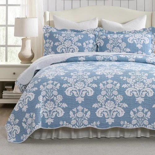 Vista 11 de Juego de edredón 100% algodón tamaño Queen, colcha floral suave prelavada, juego de ropa de cama ligera de 3 piezas para todas las estaciones, ropa