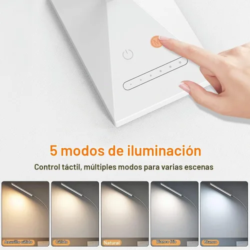 Vista 2 de Vansuny Lámpara de escritorio LED con puerto de carga USB, cuidado de los ojos, 5 modos de color, 6 niveles de brillo, control táctil, cuello