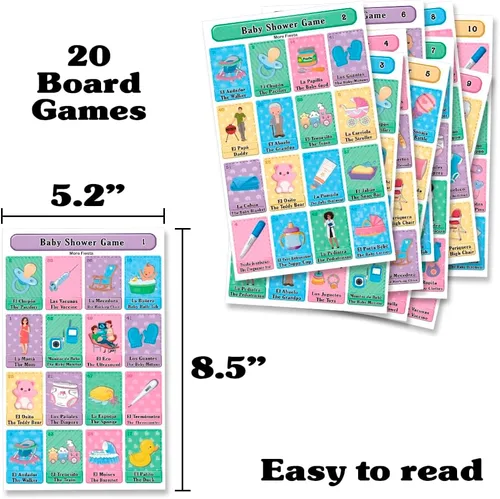 Vista 2 de MoreFiesta Baby Shower Loteria Bingo Bilingüe, Inglés Español, para 20 jugadores