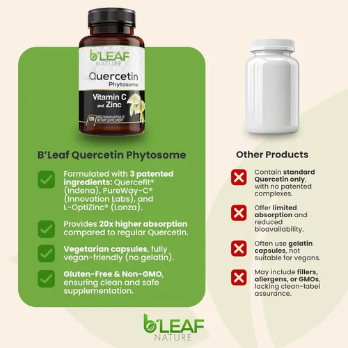 Vista 5 de B'LEAF NATURE Fitosoma de quercetina, 120 cápsulas – 1000 mg de quercetina de alta absorción con vitamina C y zinc – Suplemento de quercetina