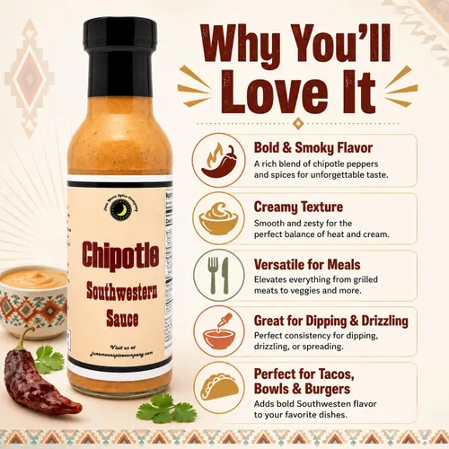 Vista 3 de Premium Salsa Chipotle Southwestern Fabricado en pequeños lotes Botella de 12 onzas líquidas con tapa de bloqueo de sabor Salsa Chipotle