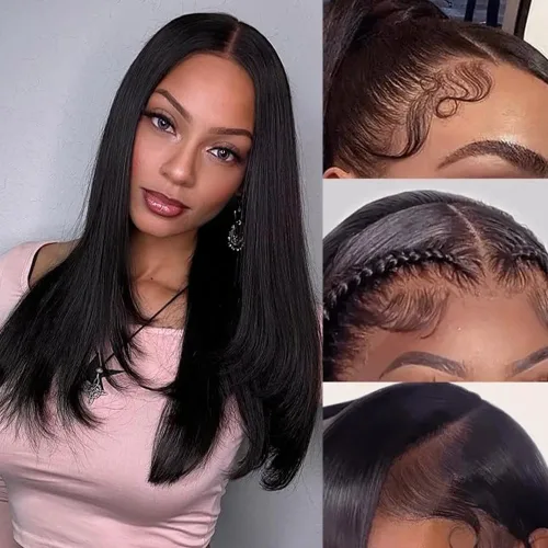 Vista 14 de SOPSFR Pelucas de cabello humano con encaje frontal de 13 x 6, densidad 200, pelucas de cabello humano lacio marrón chocolate con bebé alrededor