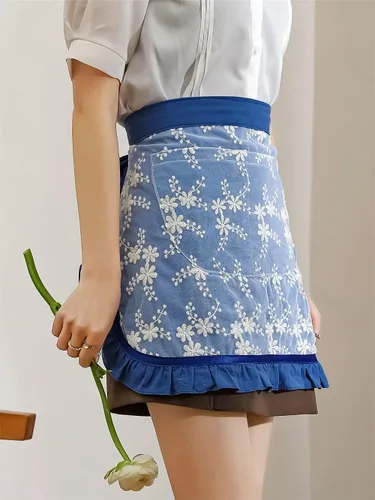 Vista 4 de Delantales de chef unisex blanco retro algodón criada corto 2 bolsillos cintura camarera mitad delantal Bordado azul