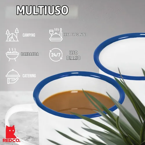 Vista 6 de Red Co. Juego de 6 tazas redondas de café y té de metal esmaltado de 12 onzas con asa, borde blanco sólido y azul marino