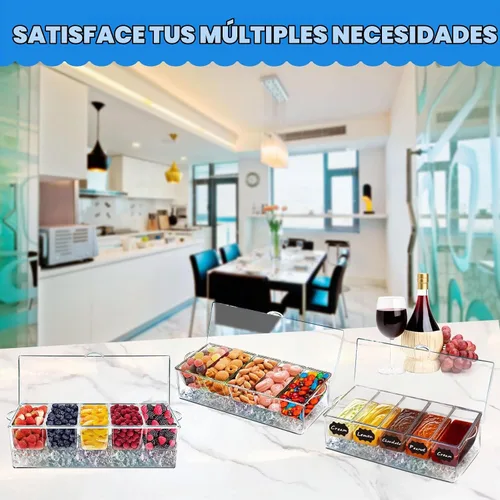 Vista 4 de Bandeja de condimentos refrigerados, cesta de frutas de bar con tapa y 5 compartimentos extraíbles, bandeja transparente para servir condimentos