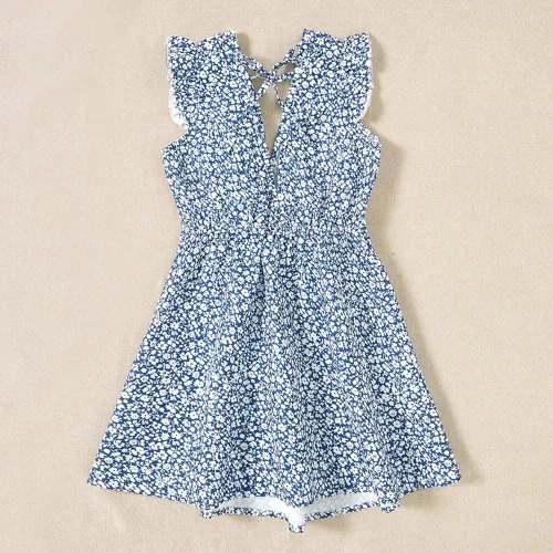 Vista 3 de Vestidos a juego para mamá y yo, con estampado floral, sin mangas, tirantes delgados, cuello en V, girasol, vestido de playa para madre e hija