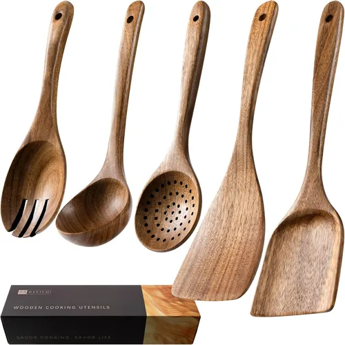 Vista 13 de cucharas de madera para cocinar, juego de utensilios de cocina antiadherentes con 10 piezas de espátulas y cucharas de madera de acacia
