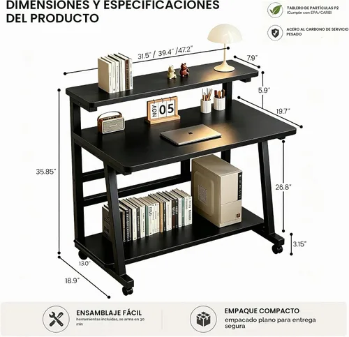 Vista 3 de Escritorio compacto de 31.5 pulgadas para computadora con mesa de trabajo de niveles y ruedas con bloqueo, escritorio pequeño para dormitorio
