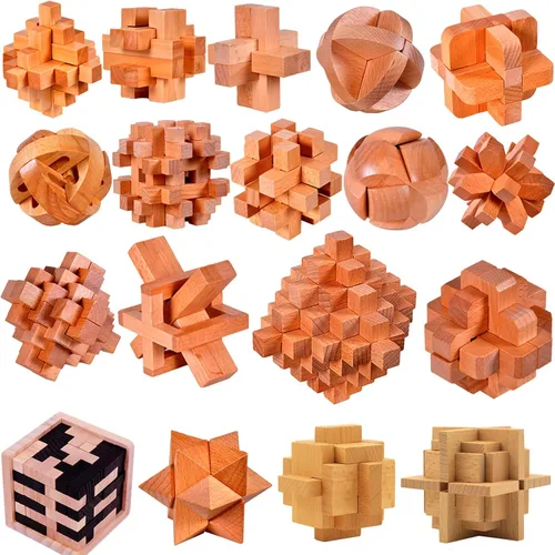 Vista 9 de Paquete de 18 Rompecabezas de Madera para el Cerebro Juguetes para Aliviar el Estrés Rompecabezas de Rebaba de Madera Rompecabezas para el Cerebro