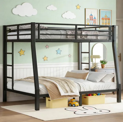 Vista 34 de Bellemave Litera individual XL sobre individual XL, litera de metal con escalera y barandilla para niños, adultos, se puede dividir, color negro
