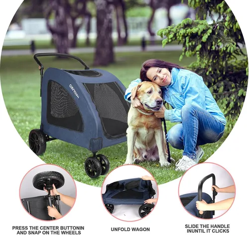 Vista 5 de Cochecito de viaje grande para perros con 4 ruedas resistentes, con mango ajustable, doble capacidad para perros con puerta delantera trasera