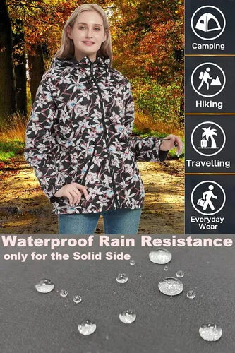 Vista 3 de RISISSIDA Women Casual Reversible Floral Print Jacket Hooded Spring Fall Fashion, Lightweight Waterproof Thin Transition Coat