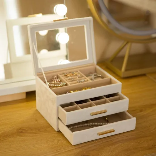 Vista 5 de Organizador de joyas de terciopelo de felpa con 3 cajones cajas de joyería grandes para mujeres con tapa acrílica transparente para almacenamiento