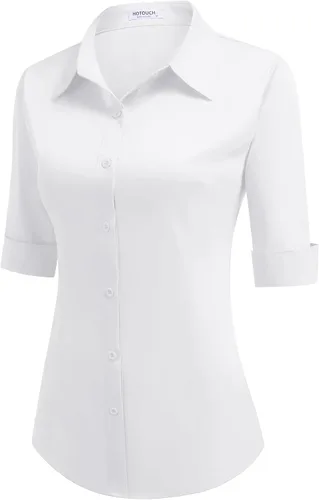 Vista 11 de HOTOUCH Camisa de manga 3/4 con botones para mujer, blusas de trabajo ajustadas, camisas de vestir de algodón, camisas de oficina Negro