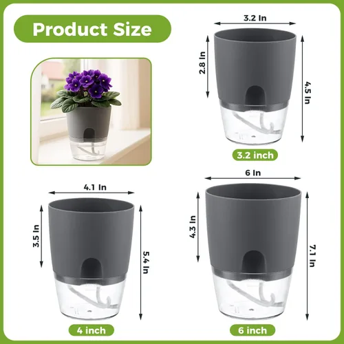 Vista 3 de Macetas de riego automático para plantas de interior, macetas para exteriores, paquete de 3 macetas de riego automático de 6 pulgadas, macetas