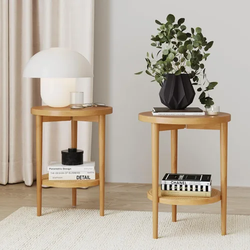 Vista 11 de Nathan James Sonia - Mesa auxiliar redonda de estilo boho, mesa lateral natural para sofá en madera clara con estante de almacenamiento de ratán
