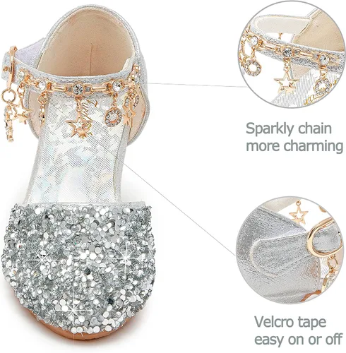 Vista 4 de Furdeour Girls Sandals Glittler Bow Dress Shoes Princess Crystal High Heels Party Wedding Flower Girls Shoes for Kid Toddler