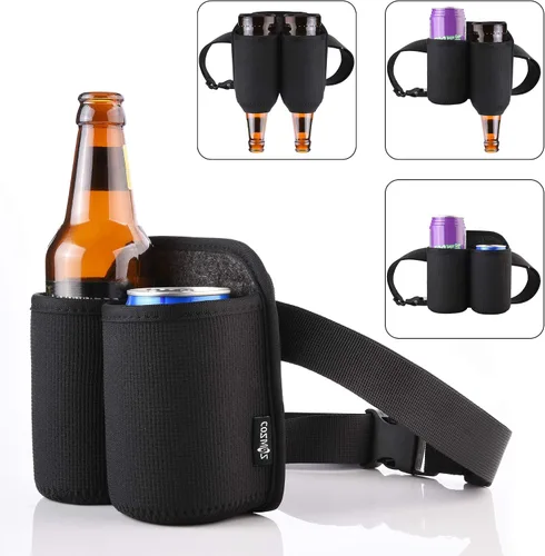 Vista 2 de CM Correa para cinturón de cerveza de 2 botellas, soporte para bebidas de soda con hebilla para barbacoa, fiesta, camping, lata de cerveza
