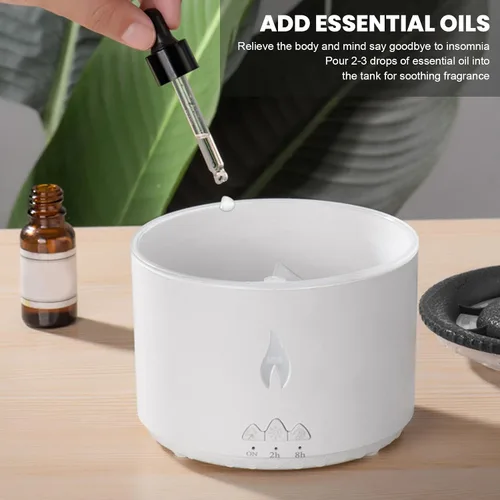 Vista 3 de Difusor de aroma de llama, 2 modos, humidificador portátil de aceite esencial con luz de llama, 2 temporizadores para aliviar el estrés, difusor