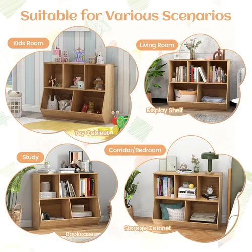 Vista 9 de KOTEK Organizador de almacenamiento de juguetes de 5 cubos, gabinete de almacenamiento de juguetes de madera, estante abierto para juguetes, Natural