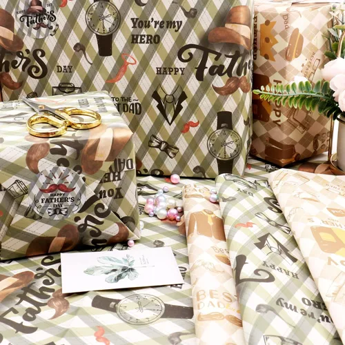 Vista 6 de Papel de regalo para el día del padre, 6 hojas de papel de regalo para hombres y papá, papel de regalo de estraza con bigote jazz sombrero traje