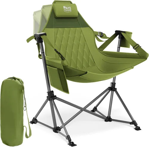 Vista 15 de TIMBER RIDGE Silla de camping tipo hamaca, silla hamaca oscilante de gran tamaño con respaldo y asiento ajustables para césped al aire libre, Negro