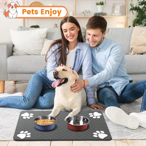 Vista 8 de Alfombrilla de alimentación para mascotas, mantel individual absorbente para tazón de comida y agua, con base de goma impermeable, de secado rápido
