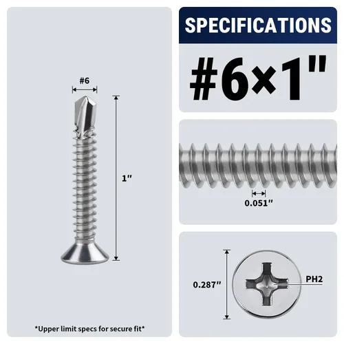 Vista 2 de Tornillos de chapa de cabeza plana Phillips #6 x 1, tornillos autoperforantes de acero inoxidable 410 para metal, cabeza avellanada, Phillips Drive