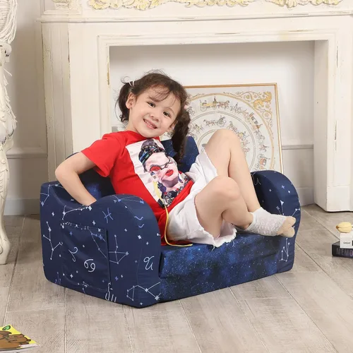 Vista 2 de MOMCAYWEX Sofá para niños, sofá de espuma abatible 2 en 1, silla plegable suave para juegos, azul