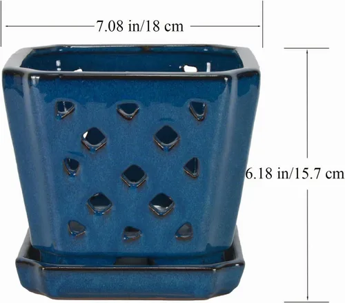 Vista 6 de W&W Ceramic Orchid Pot with Holes and Saucer for Repotting, Blue, 7" Azul