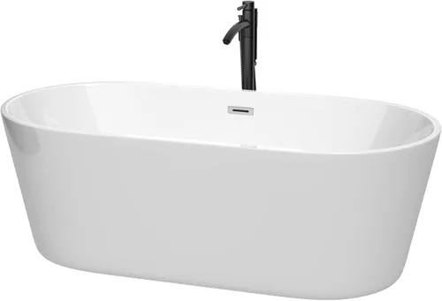 Vista 16 de Carissa - Bañera independiente de 60 pulgadas en color blanco con grifo montado en el suelo, desagüe y desbordamiento en negro mate