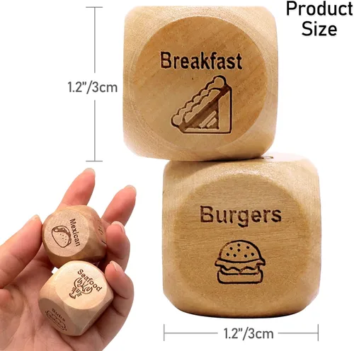 Vista 2 de Dados de Decisión de Comida para Noche de Citas con 12 Opciones de Comida para Solteros y Parejas para Resolver el Dilema "¿Qué Comer?" Ideal