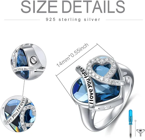 Vista 6 de AOBOCO Anillo de cremación de corazón de plata de ley 925 con texto en inglés "I LOVE YOU FOREVER" para cenizas de seres queridos, anillo de urna