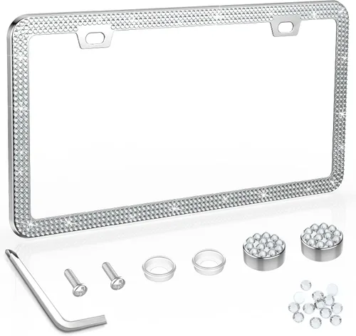 Vista 9 de SHARE&CARE Marco de matrícula brillante, cubierta de matrícula de cristal, soporte para placa de automóvil con diamantes de imitación de cristal AB