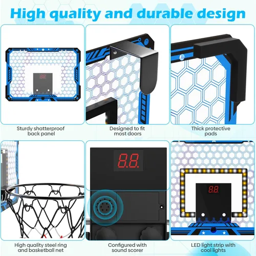 Vista 6 de Indoor Basketball Hoop for Kids, Over The Door Mini Basketball Hoop Set with LED Lights, Scoreboard, 4 Balls & Sound Effects - Indoor Toys Gift for