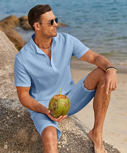 Vista 7 de COOFANDY Conjunto de 2 piezas de lino para hombre, camisas Henley casuales de manga corta, pantalones cortos de yoga para la playa, pantalones